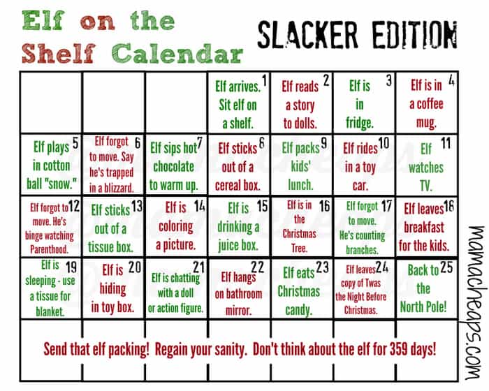 elf on the shelf calendar slacker edition wm