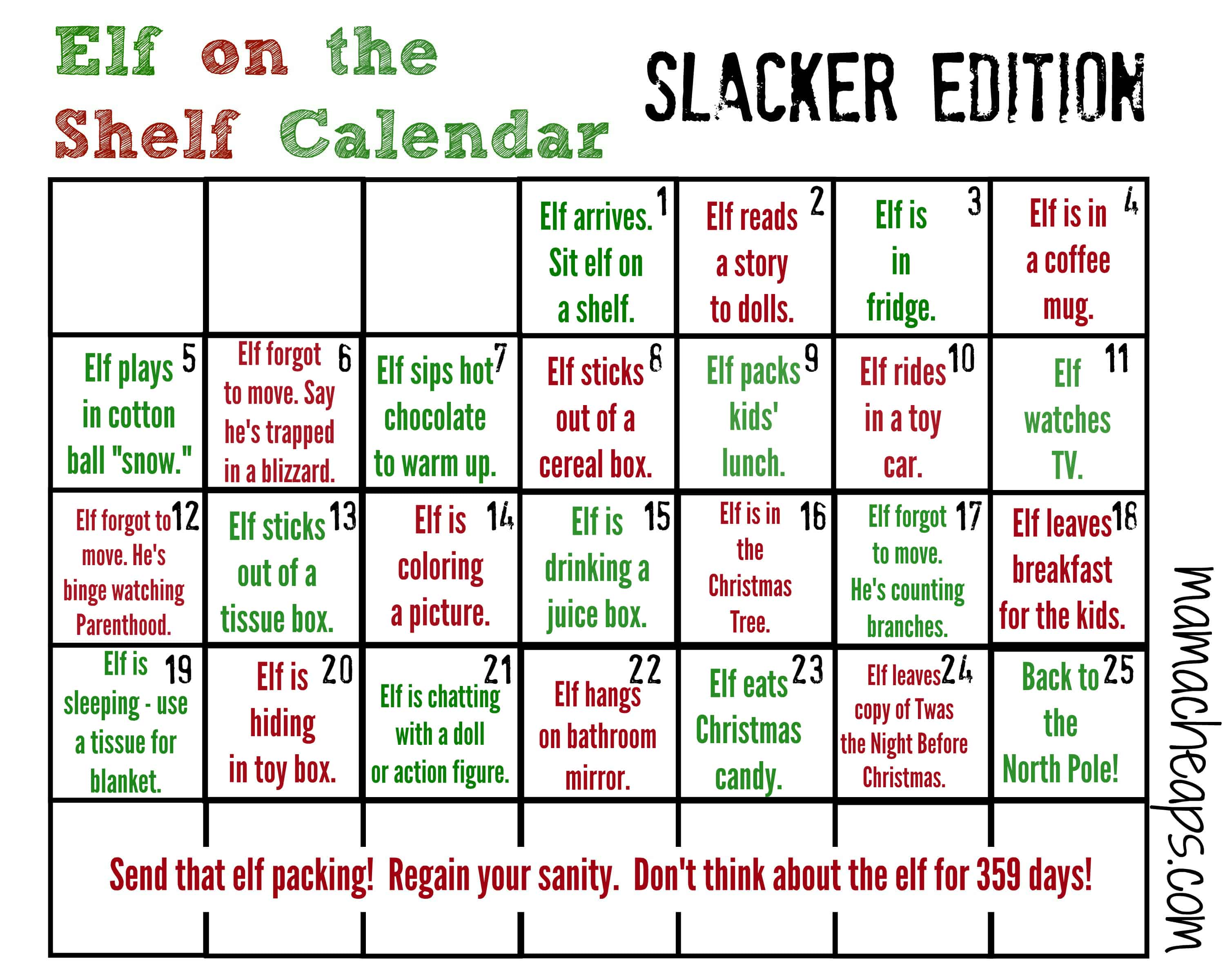 Elf on the Shelf Printable Calendars Inspiration for Both Slackers and
