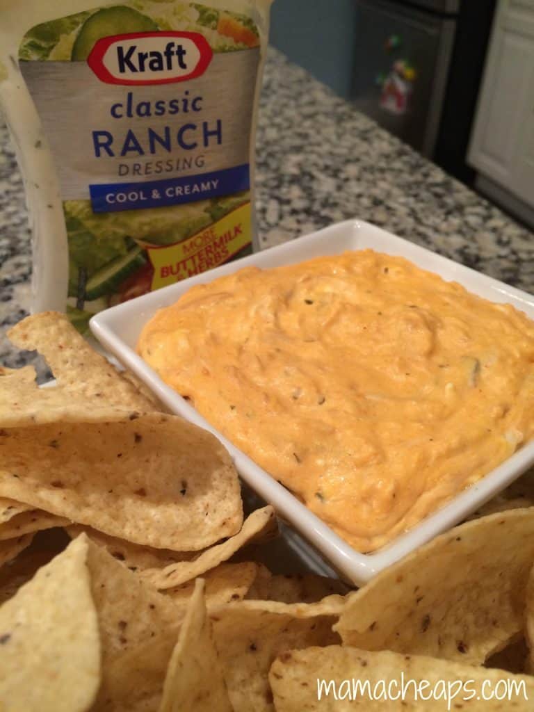 warm buffalo chicken dip with chips and kraft classic ranch dressing