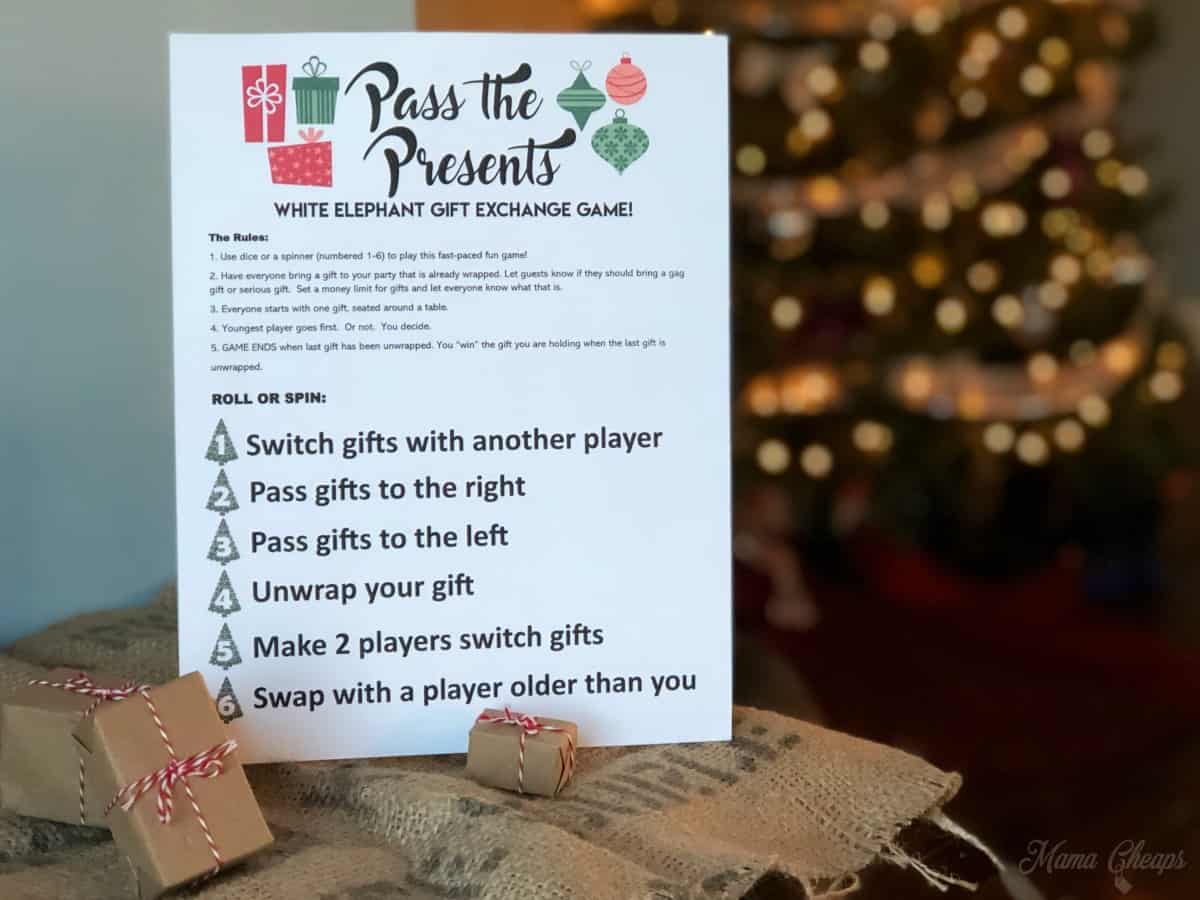 Pass The Presents White Elephant Gift Exchange Game Free Printable Mama Cheaps